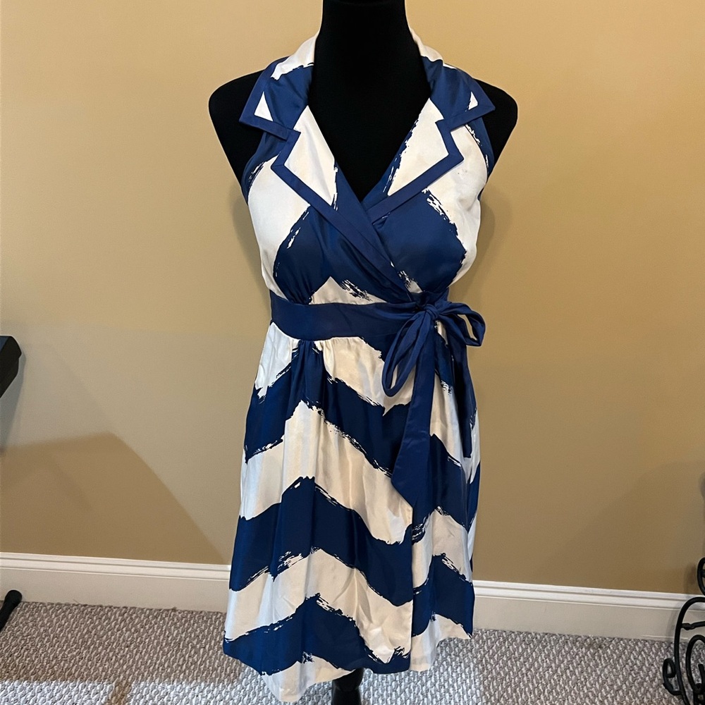 Tibi Blue and White Tie Front Halter wrap Midi Dress